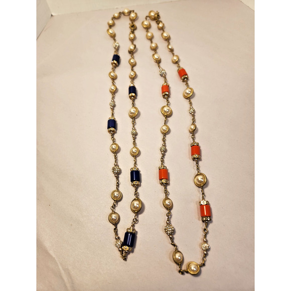 2 Vtg J CREW Gold T 28" Chain Necklace Pearls/Blue/Orange Glass Rhinestone Beads - Picture 1 of 10